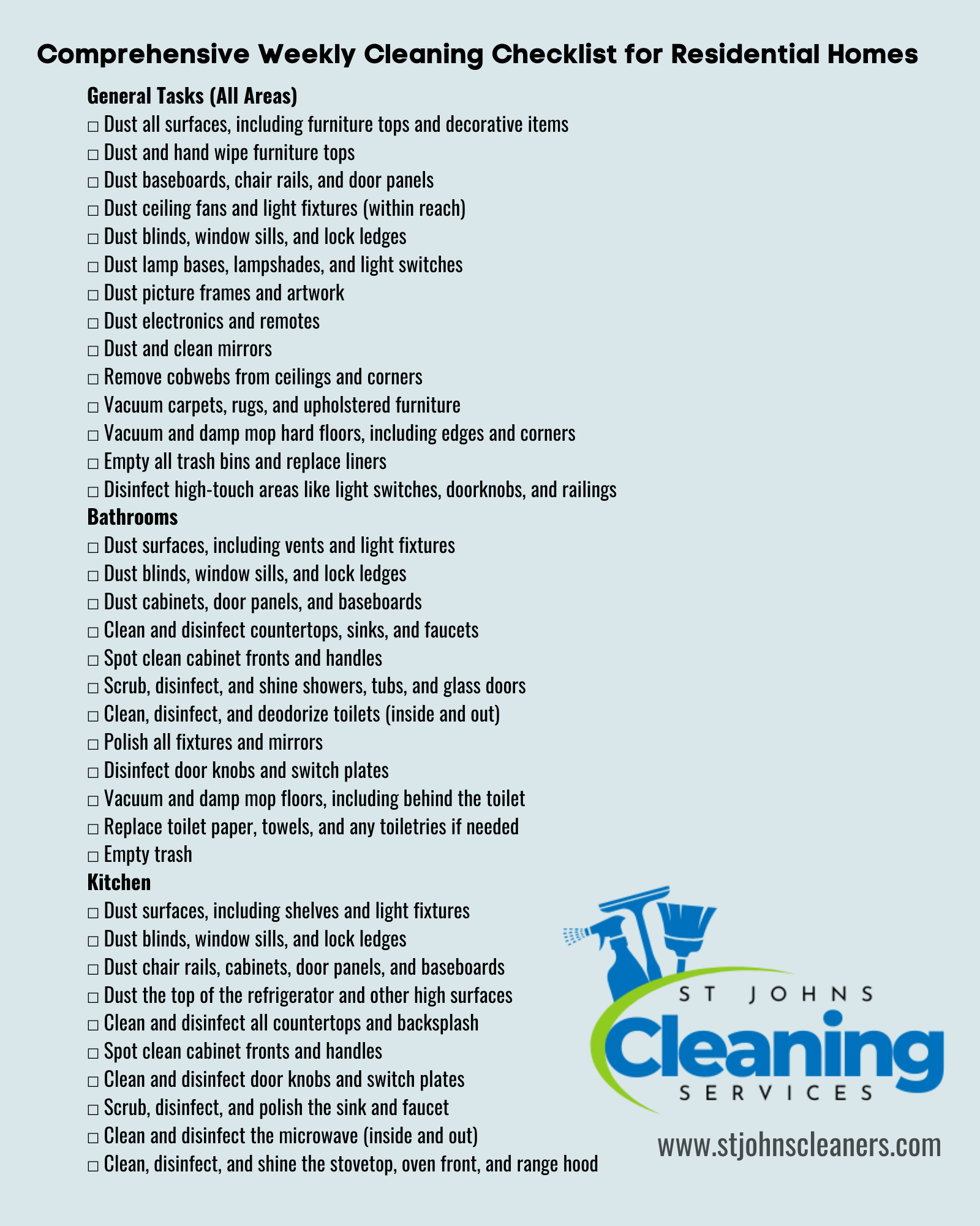 Comprehensive Weekly Cleaning Checklist for Residential Homes